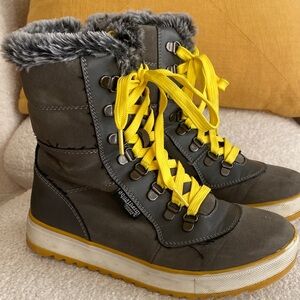Waterproof Gray Winter Boots with Yellow Laces